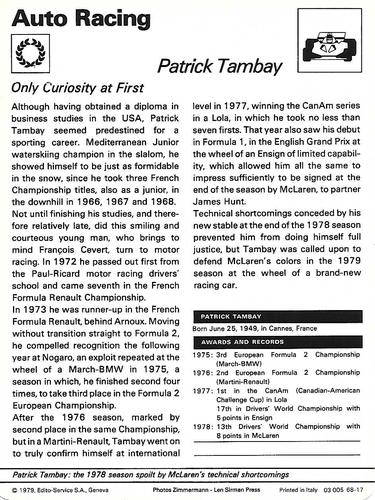 1977-79 Sportscaster Series 68 #68-17 Patrick Tambay Back