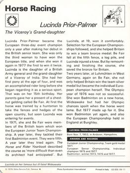 1977-79 Sportscaster Series 69 #69-11 Lucinda Prior-Palmer Back