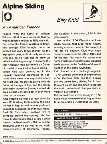 1977-79 Sportscaster Series 70 #70-19 Billy Kidd Back