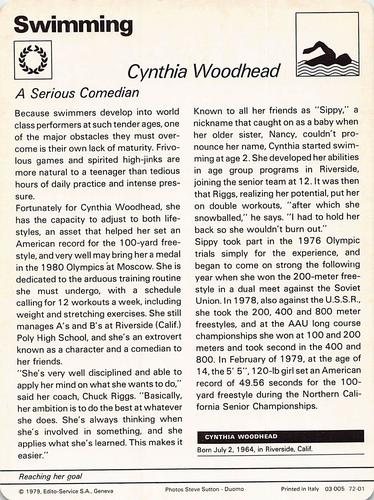 1977-79 Sportscaster Series 72 #72-01 Cynthia Woodhead Back