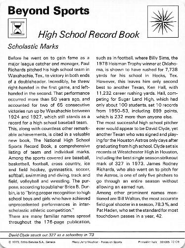 1977-79 Sportscaster Series 72 #72-09 High School Record Book Back