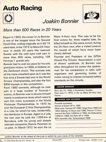 1977-79 Sportscaster Series 72 #72-22 Joakim Bonnier Back