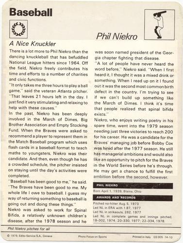 1977-79 Sportscaster Series 74 #74-10 Phil Niekro Back
