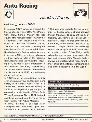 1977-79 Sportscaster Series 74 #74-12 Sandro Munari Back