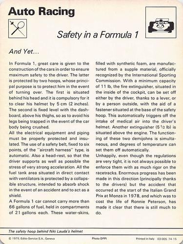 1977-79 Sportscaster Series 74 #74-15 Safety in a Formula 1 Back