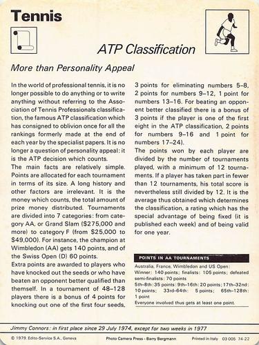 1977-79 Sportscaster Series 74 #74-22 ATP Classification Back