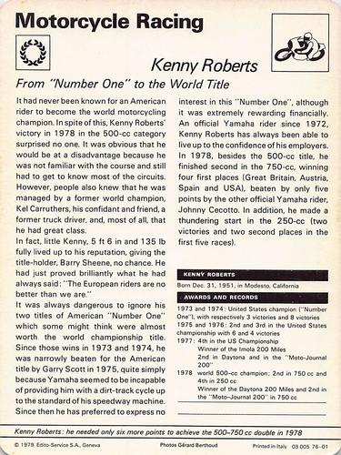 1977-79 Sportscaster Series 76 #76-01 Kenny Roberts Back