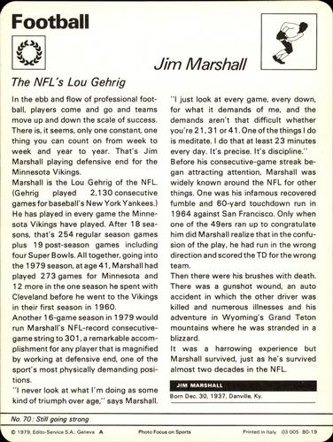 1977-79 Sportscaster Series 80 #80-19 Jim Marshall Back