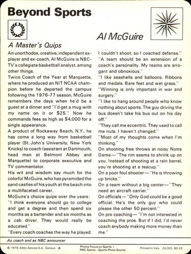 1977-79 Sportscaster Series 80 #80-23 Al McGuire Back