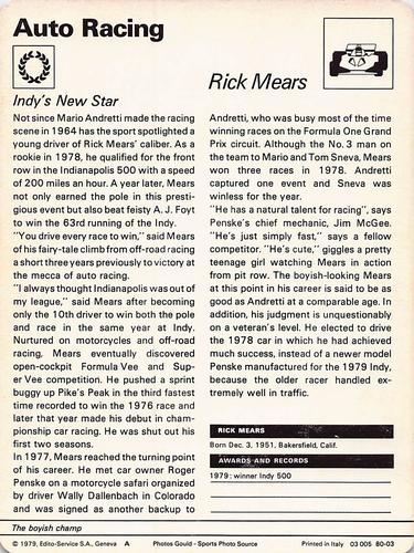 1977-79 Sportscaster Series 80 #80-03 Rick Mears Back