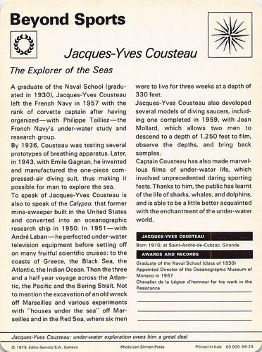 1977-79 Sportscaster Series 84 #84-24 Jacques-Yves Cousteau Back