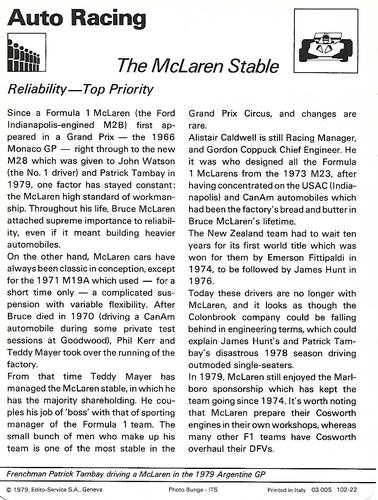 1977-79 Sportscaster Series 102 #102-22 The McLaren Stable Back