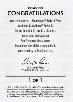 2013 Sportkings Series F - Body of Work #BOW-338 Joe Montana Back