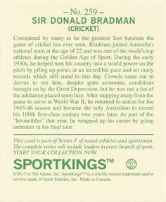 2013 Sportkings Series F - Mini #259 Sir Donald Bradman Back