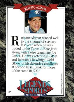 1992 Legends Sports Memorabilia - Gold #36 Roberto Alomar Back
