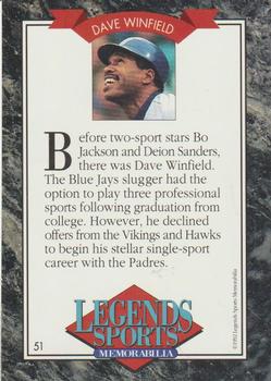 1992 Legends Sports Memorabilia - Gold #51 Dave Winfield Back