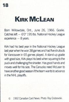 1992-93 Canadian Card News Repli-Cards #18 Kirk Mclean Back