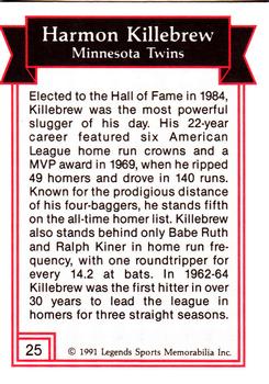 1991 Legends Sports Memorabilia #25 Harmon Killebrew Back