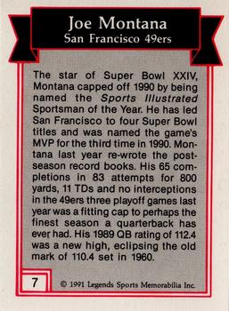1991 Legends Sports Memorabilia #7 Joe Montana Back