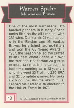 1991 Legends Sports Memorabilia #19 Warren Spahn Back
