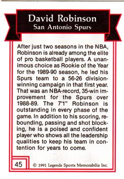 1991 Legends Sports Memorabilia #45 David Robinson Back