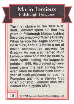 1991 Legends Sports Memorabilia #46 Mario Lemieux Back