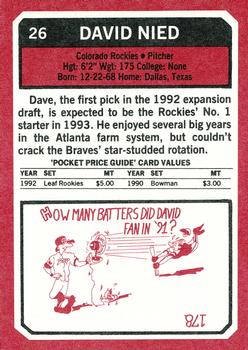 1993 SCD Sports Card Pocket Price Guide #26 David Nied Back