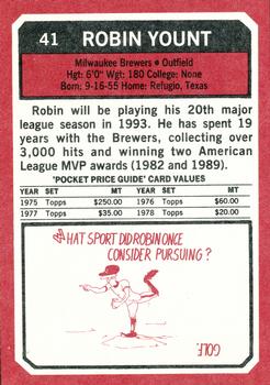 1993 SCD Sports Card Pocket Price Guide #41 Robin Yount Back