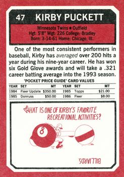 1993 SCD Sports Card Pocket Price Guide #47 Kirby Puckett Back