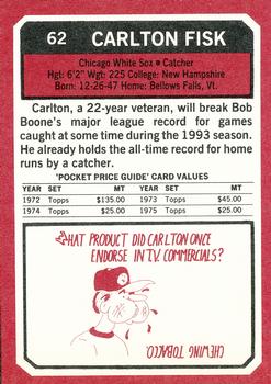 1993 SCD Sports Card Pocket Price Guide #62 Carlton Fisk Back