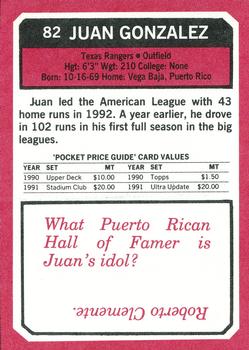 1993 SCD Sports Card Pocket Price Guide #82 Juan Gonzalez Back