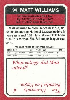 1993 SCD Sports Card Pocket Price Guide #94 Matt Williams Back