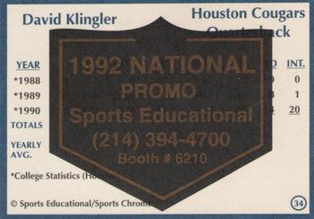 1991 Sports Educational Magazine - 1992 NSCC Promo #34 David Klingler Back