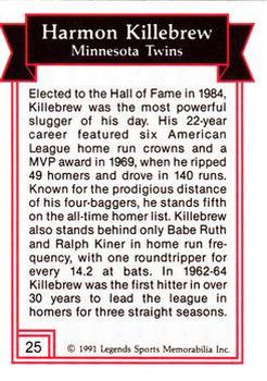 1991 Legends Sports Memorabilia - Gold #25 Harmon Killebrew Back