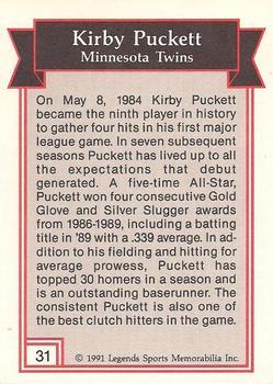 1991 Legends Sports Memorabilia - Gold #31 Kirby Puckett Back
