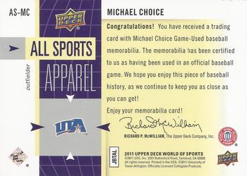 2011 Upper Deck World of Sports - All Sports Apparel #AS-MC Michael Choice Back