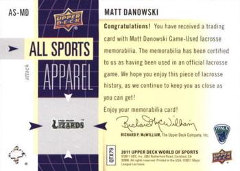 2011 Upper Deck World of Sports - All Sports Apparel #AS-MD Matt Danowski Back