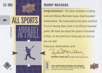 2011 Upper Deck World of Sports - All Sports Apparel #AS-MM Manny Machado Back