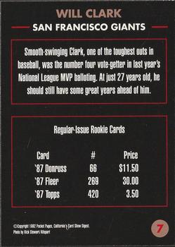 1992-94 Pocket Pages Cards #7 Will Clark Back
