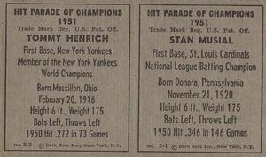 1951 Berk Ross - Berk Ross Panels #2-1 / 2-3 Stan Musial / Tommy Henrich Back