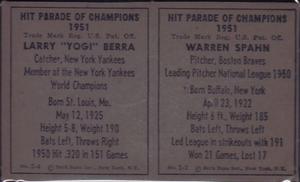1951 Berk Ross - Berk Ross Panels #2-2 / 2-4 Warren Spahn / Yogi Berra Back