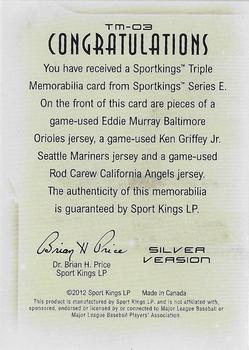 2012 Sportkings Series E - Triple Memorabilia Silver Version #TM-03 Eddie Murray / Ken Griffey Jr. / Rod Carew Back