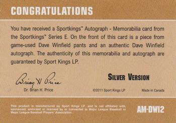 2012 Sportkings Series E - Autograph-Memorabilia Silver Version #AM-DWI2 Dave Winfield Back