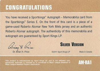 2012 Sportkings Series E - Autograph-Memorabilia Silver Version #AM-RA1 Roberto Alomar Back