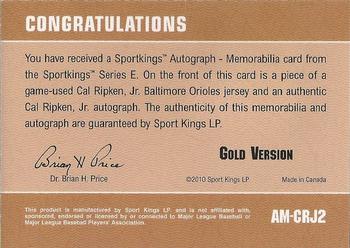 2012 Sportkings Series E - Autograph-Memorabilia Gold Version #AM-CRJ2 Cal Ripken, Jr. Back