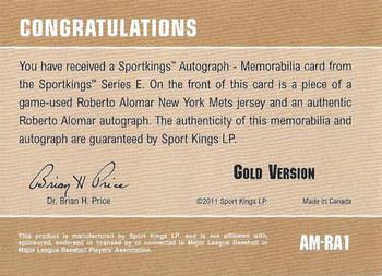 2012 Sportkings Series E - Autograph-Memorabilia Gold Version #AM-RA1 Roberto Alomar Back