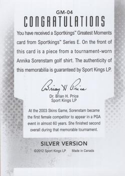 2012 Sportkings Series E - Greatest Moments Silver Version #GM-04 Annika Sorenstam Back
