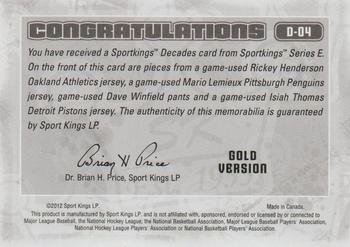 2012 Sportkings Series E - Decades Gold Version #D-04 Rickey Henderson / Mario Lemieux / Dave Winfield / Isiah Thomas Back