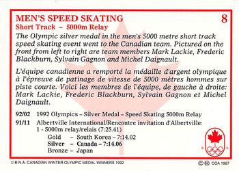 1992 BNA Canadian Winter Olympic Medal Winners #8 Men's Relay-Speed Skating Back