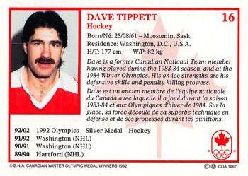 1992 BNA Canadian Winter Olympic Medal Winners #16 Dave Tippett Back